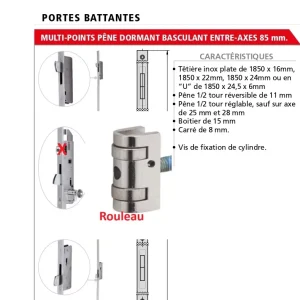 Serrure CVL 3 points à rouleau réglable entraxe 85mm série 296